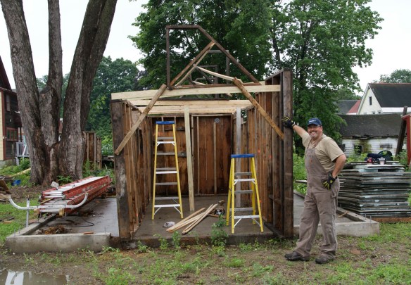 Thom posing with our make shift garage