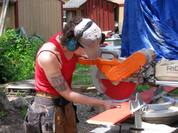 Veronica using sliding mitre saw Veronica using sliding mitre saw