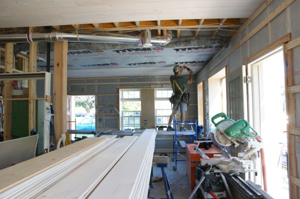 Keeping cellulose dust from entering living space through pine ceiling boards