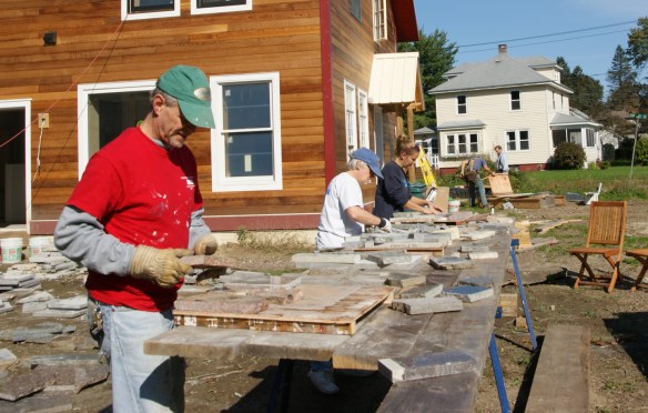 Jay Julie and Sue working on assembling segments for the floor
