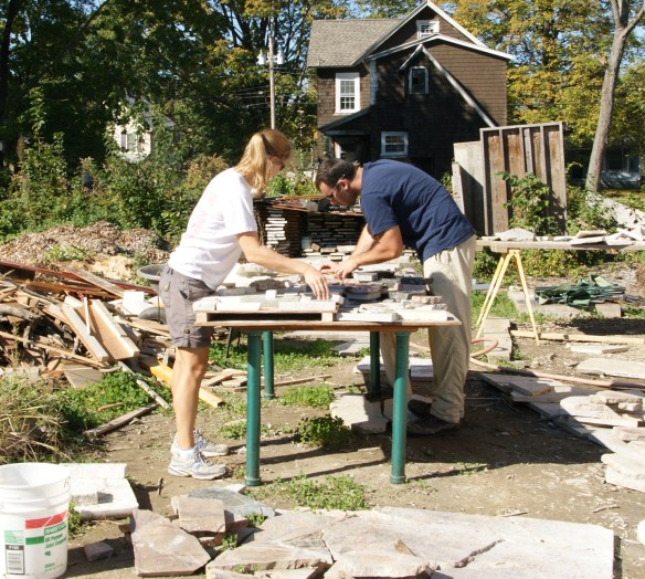 James and Lilly designing 2 foot square segments for the granite counter-top scrap floor